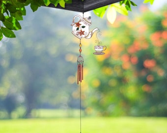 32" long teapot set wind chime with copper gem  garden/home decor new home gifts