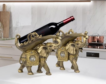 Thai Elephant Decorative Wine Rack Rest Bottle Holder Figurine Statue, Home Decor Display Table Tabletops and Counters Set of 2