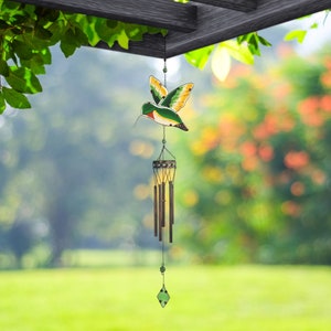 40" Long Green and Yellow Hummingbird Wind Chime with Gem Garden Patio Decoration