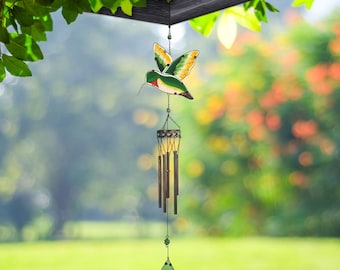 40" Long Green and Yellow Hummingbird Wind Chime with Gem Garden Patio Decoration