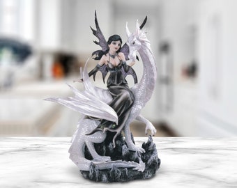 Gothic black fairy riding white dragon statue fantasy decoration figurine 9"h room/home decor new home gifts