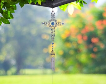 33" long white cross wind chime with gem  garden/home decor new home gifts