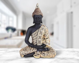 Black and gold meditation buddha statue feng shui decoration religious figurine 9.5"h room decor room/home decor new home gifts