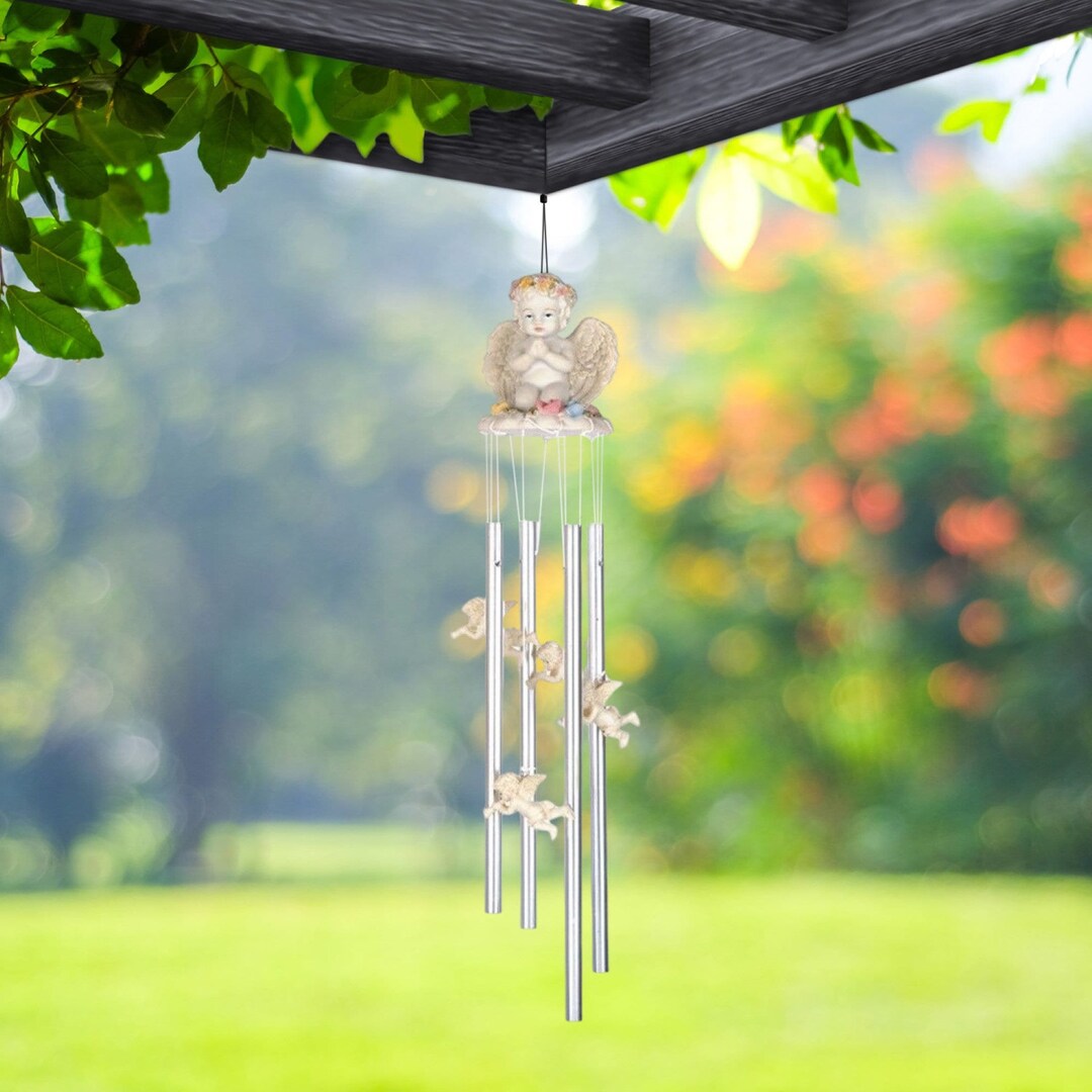 23 Long Cherub Praying Round Top Wind Chime Statue Fantasy Decoration