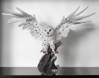 18.5" H Snow Owl Wings Up Standing On Tree Figurine Animal Decorations Room/Home Decor New Home Gifts