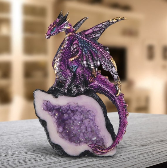 Dragon Guarding Faux Crystal Cave Statue Fantasy Decoration