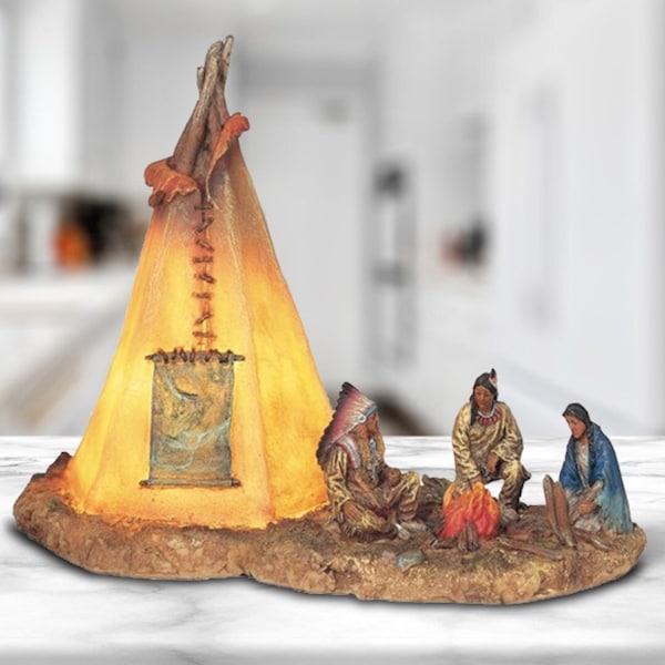 Native americans with led lighting indian teepee tipi night light statue decoration figurine 8"w room/home decor new home gifts