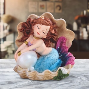 Lovely blue/purple tailed mermaid with pearl in shell mergirl statue fantasy decoration figurine 5.25"h room/home decor new home gifts