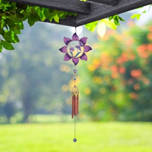 35" long pewter & purple butterfly wind chime with copper gem room decor