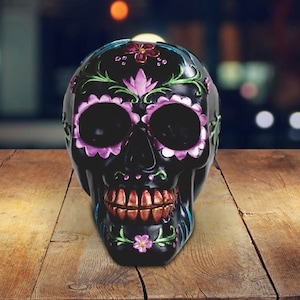 Day of the dead floral skull black sugar skull tattoo in purple 6.25"w room/home decor new home gifts