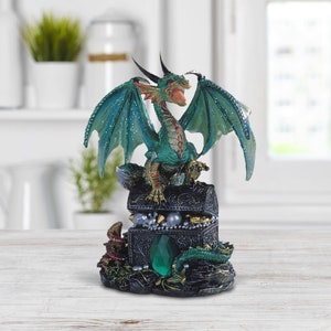 Green dragon guarding treasure statue fantasy decoration figurine 5"h room/home decor new home gifts