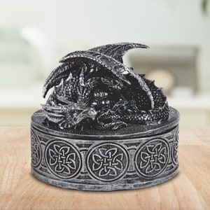 Sleeping silver dragon lidded round treasure trinket box 4.5"w room decor room/home decor new home gifts