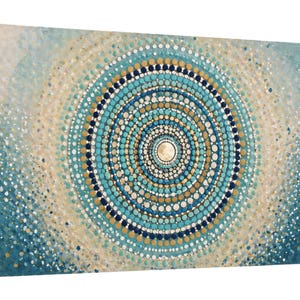 May include: A rectangular canvas wall art piece featuring a central mandala design composed of concentric circles of dots in shades of turquoise, navy blue, gold, and white, set against a textured background that fades from light to dark blue.