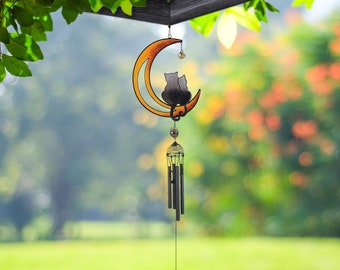 31" long wind chime with black coated gems cats on the moon hanging decoration  garden/home decor new home gifts