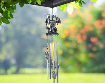 23" long silver dragon round top wind chime with sword  garden/home decor new home gifts