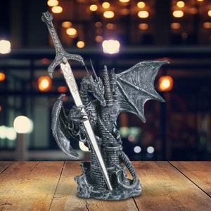 Medieval silver dragon with sword guardian statue fantasy decoration figurine letter opener room/home decor Holiday Gifts for Him/Her