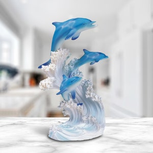 Dolphins Swimming in The Waves Statue Marine Life Decoration Figurine 8"H