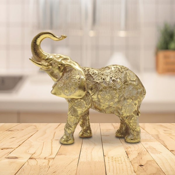 6.25"w gold thai elephant with trunk up statue feng shui decoration religious figurine room decor room decor room/home decor new home gifts