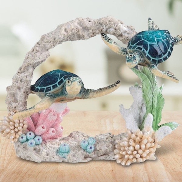 Blue sea turtle couple swimming around coral statue marine life decoration figurine 9"w room/home decor new home gifts