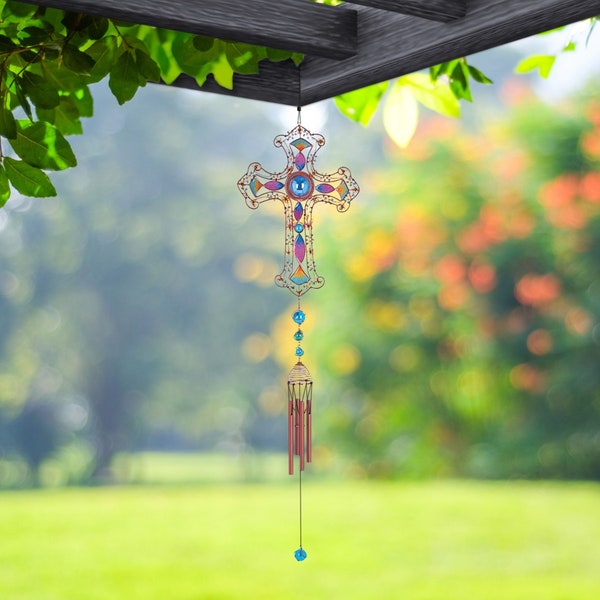 35" long purple cross wind chime with copper gem  garden/home decor new home gifts