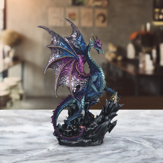 Blue and purple dragon with pyramid glass statue fantasy decoration  figurine 16.5h room/home decor new home gifts