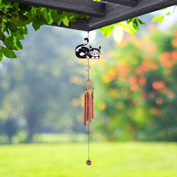 22" long black and white cat tuxedo kitty copper and gem wind chime  garden/home decor new home gifts