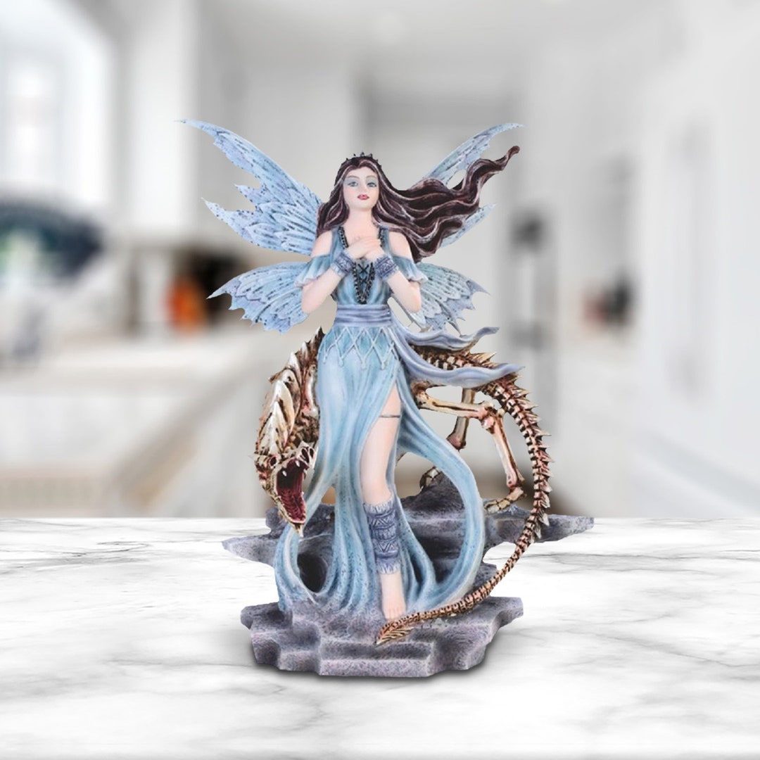 Blue Fairy With Skeleton Dragon Statue Fantasy Decoration Etsy