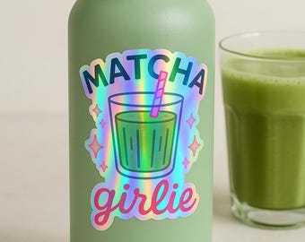 Holographic Matcha Girlie Sticker, Durable Vinyl Decal, Aesthetic Matcha Cup Sticker for Water Bottle, Laptop, or Cup, Waterproof, UV