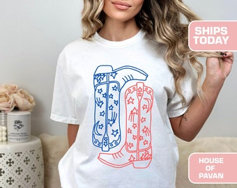 USA shirt, Zomer BBQ t-shirt, Rood Wit en Blauw, America Tee, Comfort Colors® Dames 4 juli, Fourth of July Shirt T-shirt, Laarzen