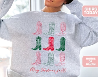 Cowgirl Boots Christmas Sweatshirt, Western Holiday Crewneck, Country Christmas Pullover, Retro Comfort Colors® Western Gift