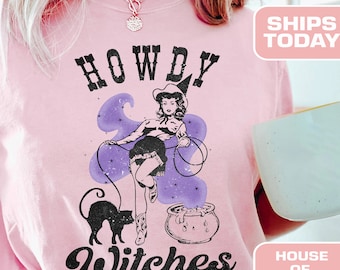 Howdy Witches Shirt – Retro Western Halloween Tee, Cowgirl Graphic Shirt, Comfort Colors® Oversized Fall Top, Witchy Rodeo T-Shirt