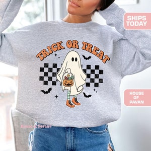 Felpa &quot;Dolcetto o scherzetto&quot;, fantasma zucca, felpa alla moda, vintage, Halloween, autunno, ghoul, felpa retrò, oversize, donna, spettrale