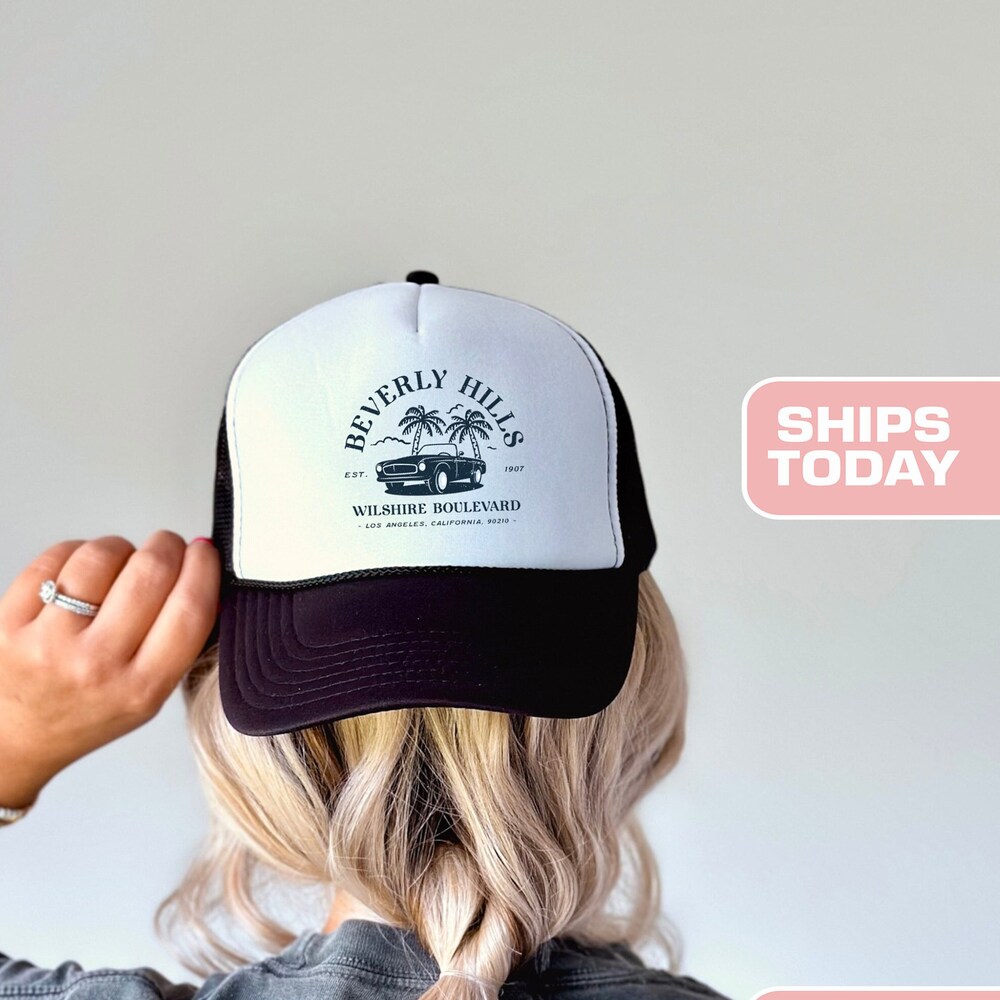 Vintage Inspired Trucker Hat, Beverly Hills, Los Angeles Hat, Hollywood Music Hat, Cap, One-Size, Unisex Hat, Adult, Snapback, For Women Hat Teebeepro Design Foryou