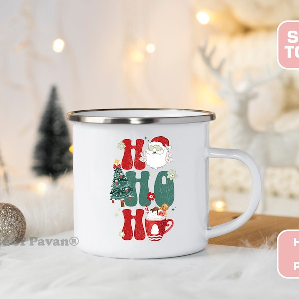 Boho Santa Metal Coffee Mug, Enamel Christmas Mug, Campfire Mug, Gift For Her, Christmas Coffee Mug, Merry Christmas, Christmas Gift, Boho