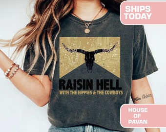 Puede incluir: Una camiseta gris oscuro con un gráfico de una calavera con cuernos y un paisaje desértico. El texto "RAISIN HELL WITH THE HIPPIES & THE COWBOYS" está impreso debajo del gráfico.