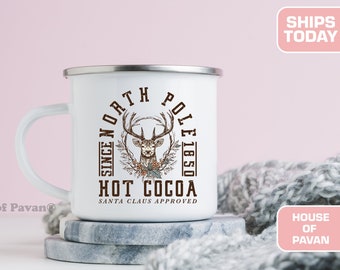 North Pole Hot Cocoa,  Enamel Christmas Tin Mug, Campfire, Gift Mug, Christmas Coffee Mug, Merry Xmas, Christmas Gift, Santa, Reindeer, Cup