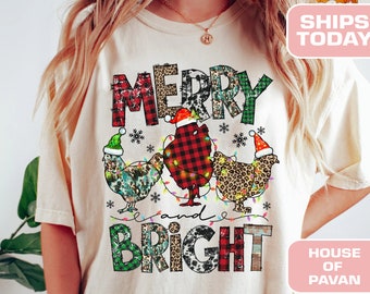 Merry and Bright Chicken Shirt – Funny Christmas Tee, Farmhouse Holiday Shirt, Western Cowgirl Christmas Top, Rustic Country Graphic Tee