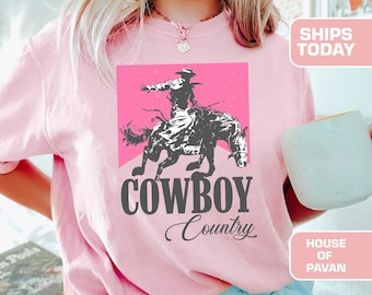 Cowboy Country Nashville Shirt, Pink Rodeo Tee, Western Cowgirl Graphic Shirt, Vintage Country Top, Comfort Colors®, Retro Boho Tee