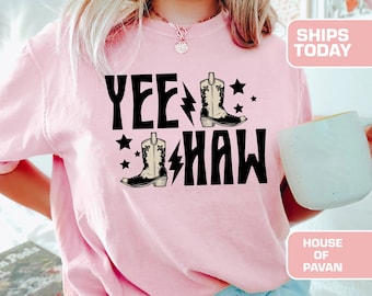 Yee Haw Cowgirl Boot Shirt, Comfort Colors Garment Dyed Tee