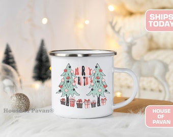 Taza navideña esmaltada con temática de fogata, regalo bohemio para las fiestas