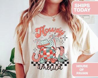 Howdy American, Western Shirt, süßes Shirt, Western Grafik, für Frauen, Rot, Weiß & Blau, 4