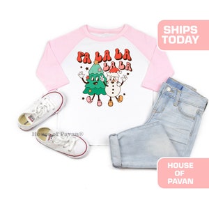 Fa La La La árbol de Navidad, linda camisa de Navidad, raglán de Navidad retro, raglán de Navidad retro, Navidad divertida, camiseta de camisa raglán