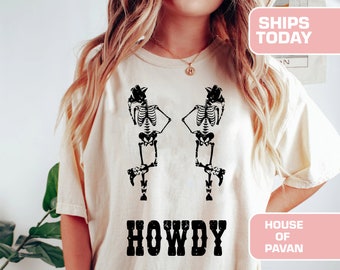 Camisa Howdy, camisa del salvaje oeste, ropa occidental, esqueletos, camisa de botas, camisa de vaquera, camiseta gráfica occidental, camisa de calavera de toro, camiseta del suroeste