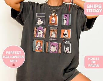 Vintage Womens Halloween Shirt, Retro Ghost Tee, Comfort Colors Oversized Spooky Season Top, Cozy Fall Gift T-Shirt