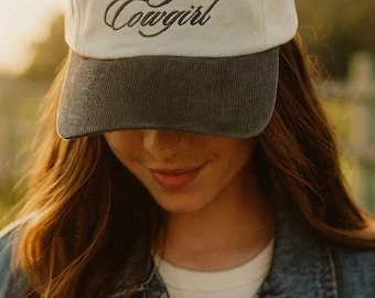 Vintage Cowgirl Corduroy Hat – Embroidered Western Olive Bill Cap