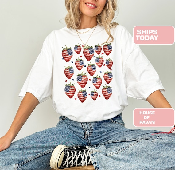 Strawberry Flags, Red White and Blue, America, Fourth of July Shirt, Graphic Tees, USA, Summer Tee, Comfort Colors® Womens, 4th of July Tee
