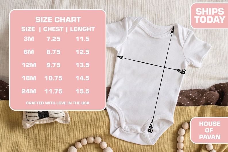 May include: Size chart for baby onesies, showing chest and length measurements in inches for sizes 3M, 6M, 12M, 18M, and 24M. The chart is pink with white text. The text "SHIPS TODAY" is in a pink box in the upper right corner. The text "HOUSE OF PAVAN" is in a pink box in the lower right corner.
