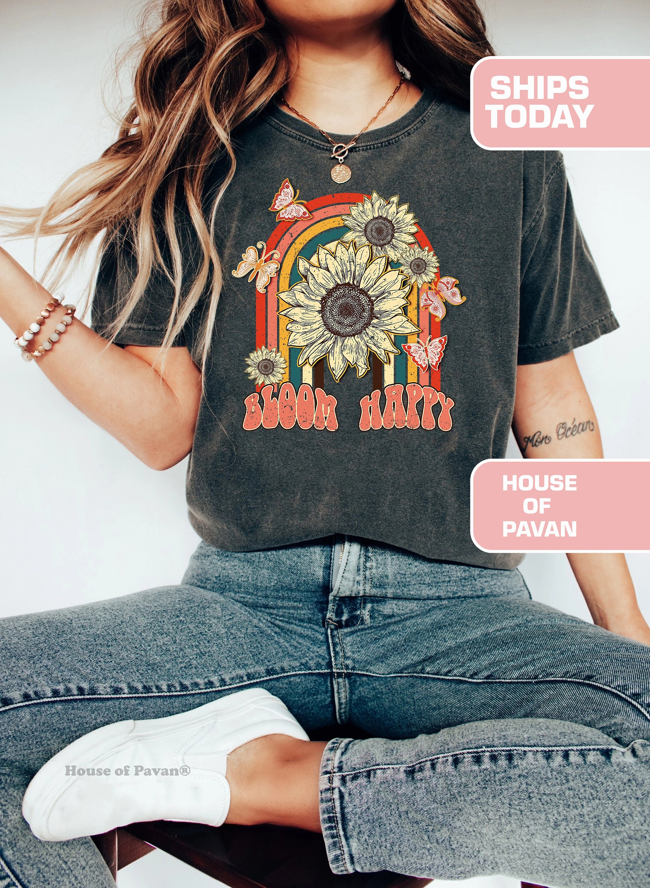 ハッピーブルームレトロキュートシャツ、ヴィンテージ風Tシャツ 