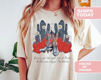 Camisa de botas occidentales de vaquera, camiseta de coraje, música country, camisetas gráficas occidentales para mujeres, camisa de vaquera de gran tamaño, concierto, colores cómodos