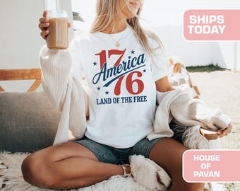 Camiseta "Tierra de la Libertad" de 1776 - Camiseta del 4 de julio, Camiseta con gráfico vintage estadounidense, Camiseta patriótica de EE. UU. en rojo, blanco y azul Comfort Colors® para mujer